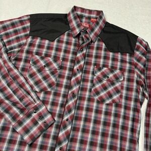 Red Ranch Shirt Mens Large Red Plaid Western Pearl Snap Long Sleeve Cowboy